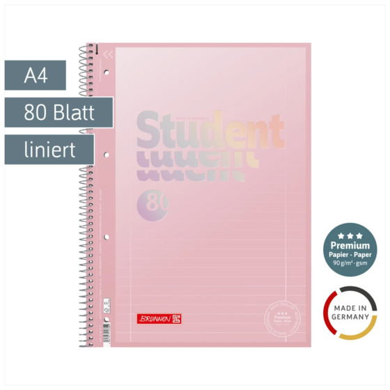 Collegeblock Premium Student „Pastell“ | A4, Lineatur 27, 80 Blatt, pastellrosa
