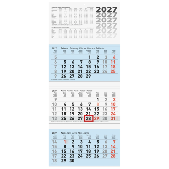 3-Monatskalender 2027 | blau, 32×74 cm