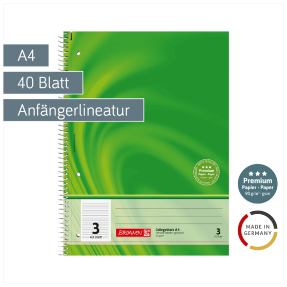 Collegeblock Premium | A4, Lineatur 3, 40 Blatt, grün
