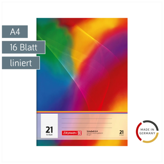 Schulheft | A4, Lineatur 21, 16 Blatt, mehrfarbig
