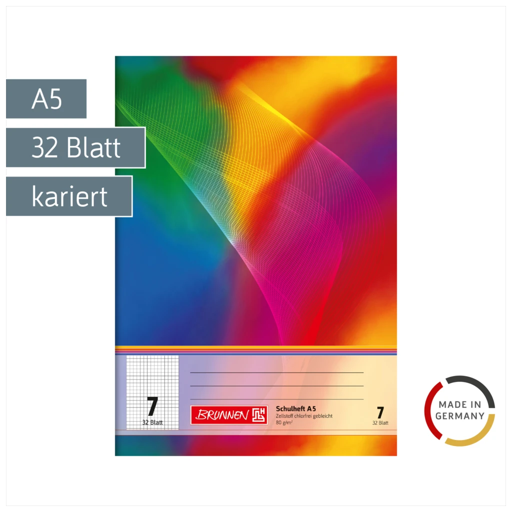 Schulheft | A5, Lineatur 7, 32 Blatt, mehrfarbig
