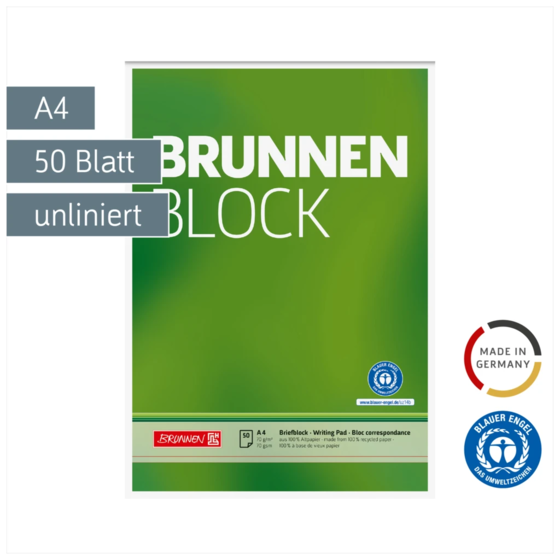 Briefblock „BRUNNEN-Block“ Recycling | A4, Lineatur 20, 50 Blatt, grün
