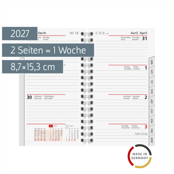 Wochen-Ersatzkalendarium Mod. Taschenplaner int. 2027 | 8,7×15,3 cm, Karton, weiß
