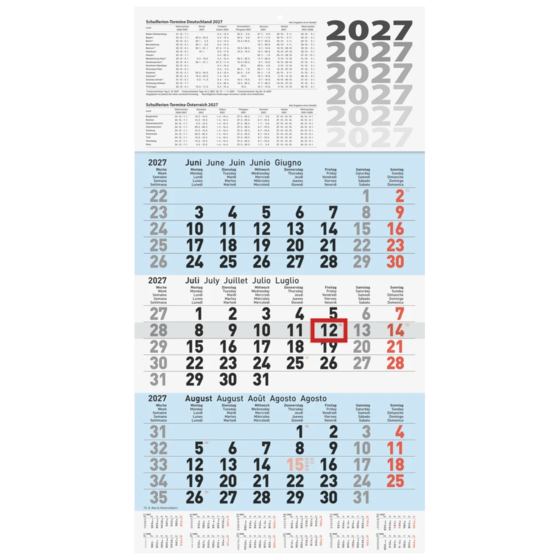3-Monatskalender 2027 | blau, 30×56 cm
