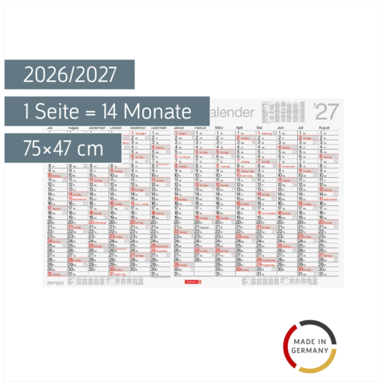 Schuljahreskalender 2026/2027 abwischbar | 75×47 cm