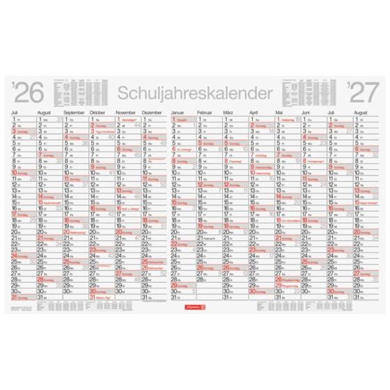 Schuljahreskalender 2026/2027 abwischbar | 75×47 cm