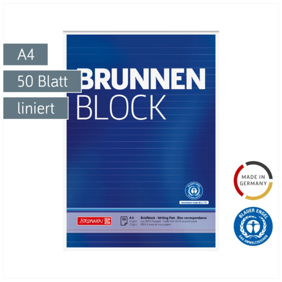 Briefblock „BRUNNEN-Block“ Recycling | A4, Lineatur 21, 50 Blatt, blau