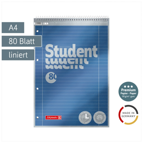 Collegeblock Premium Student Spirale oben | A4, Lineatur 27, 80 Blatt, blau