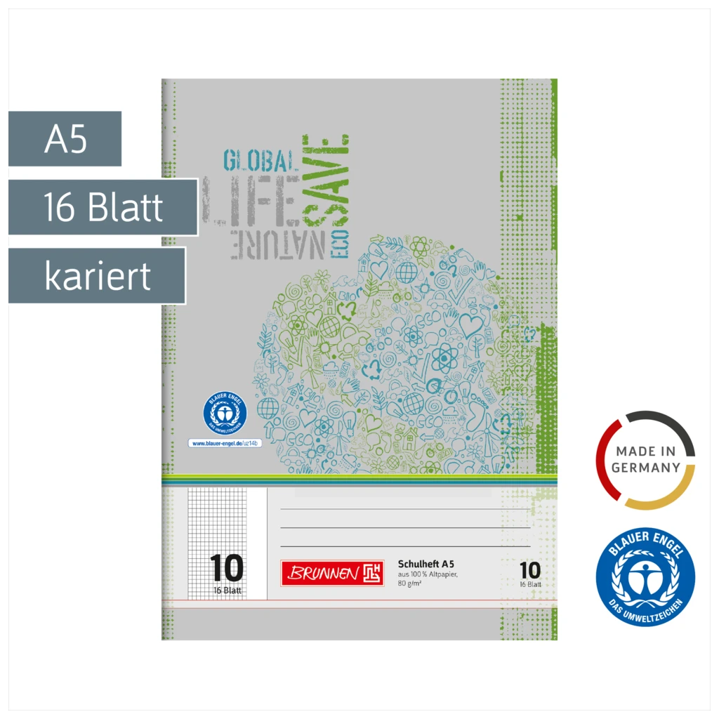 Schulheft Recycling | A5, Lineatur 10, 16 Blatt, grün/grau