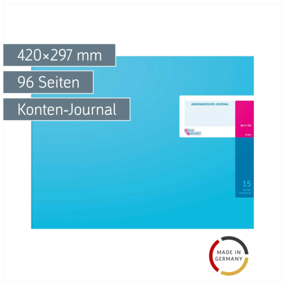 Amerikanisches Journal | 420×297 mm, 96 Seiten, Konten-Journal, Karton, magenta/hellblau