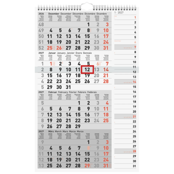 4-Monatskalender 2027 | grau, 30×49 cm