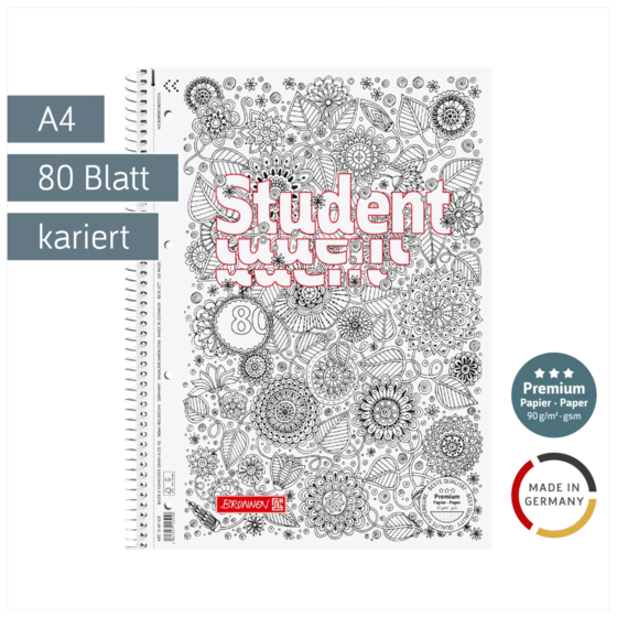 Collegeblock Premium Student „Floral“ ZENart | A4, Lineatur 28, 80 Blatt, weiß