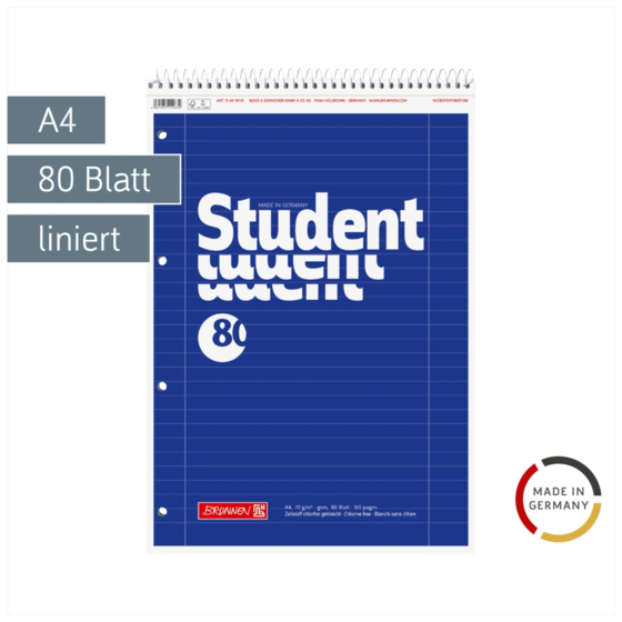 Collegeblock Student Spirale oben | A4, Lineatur 27, 80 Blatt, blau