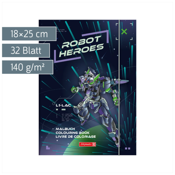 Ausmalheft Robot Heroes | 32 Blatt, dunkelblau/lila