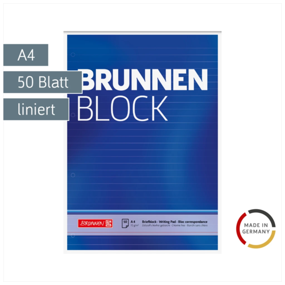 Briefblock „BRUNNEN-Block“ gelocht | A4, Lineatur 21, 50 Blatt, blau