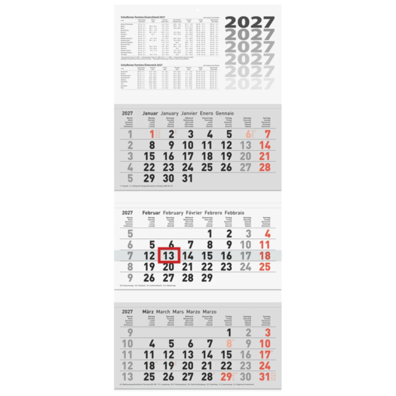 3-Monatskalender 2027 | grau, 32×74 cm