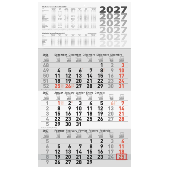 3-Monatskalender 2027 | 30×52 cm