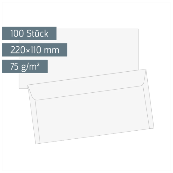 Briefumschläge | 220×110 mm, DIN lang, 75 g/m², weiß, 100 Stück