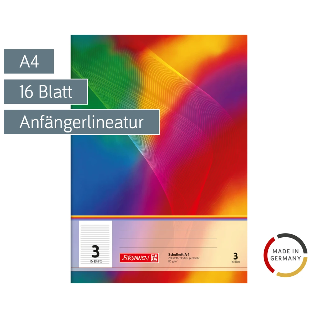 Schulheft | A4, Lineatur 3, 16 Blatt, mehrfarbig