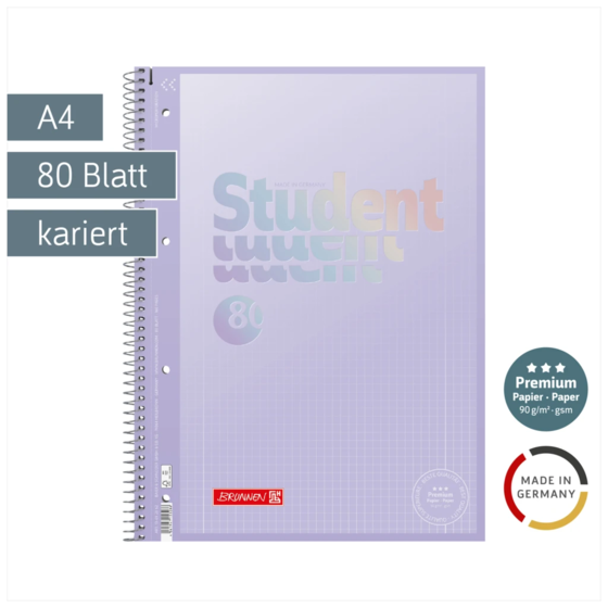 Collegeblock Premium Student „Pastell“ | A4, Lineatur 28, 80 Blatt, pastelllila