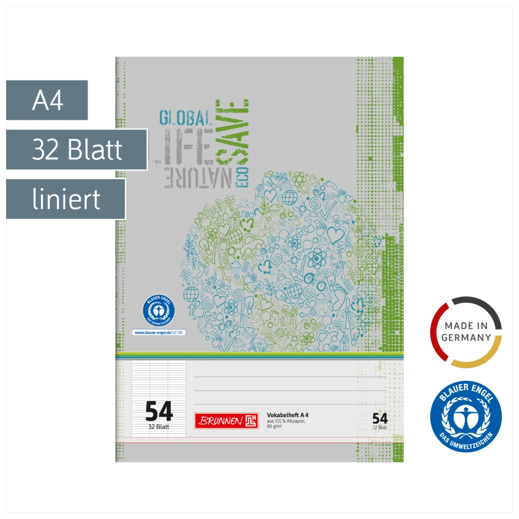 Vokabelheft Recycling | A4, Lineatur 54, 32 Blatt, grün/grau