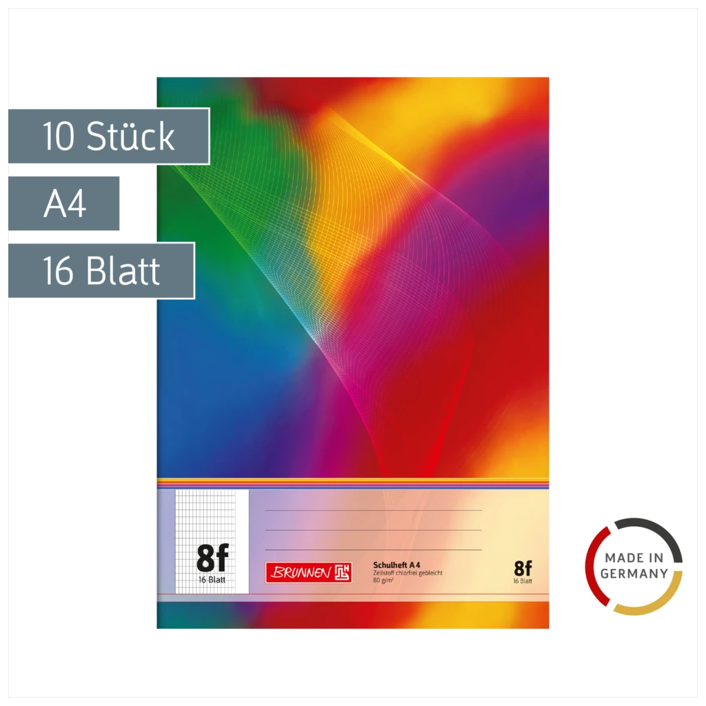 Schulhefte | A4, Lineatur 8f, 16 Blatt, mehrfarbig, 10 StĂĽck