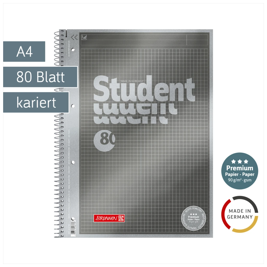 Collegeblock Premium Student „Protokoll“ | A4, kariert, 80 Blatt, anthrazit