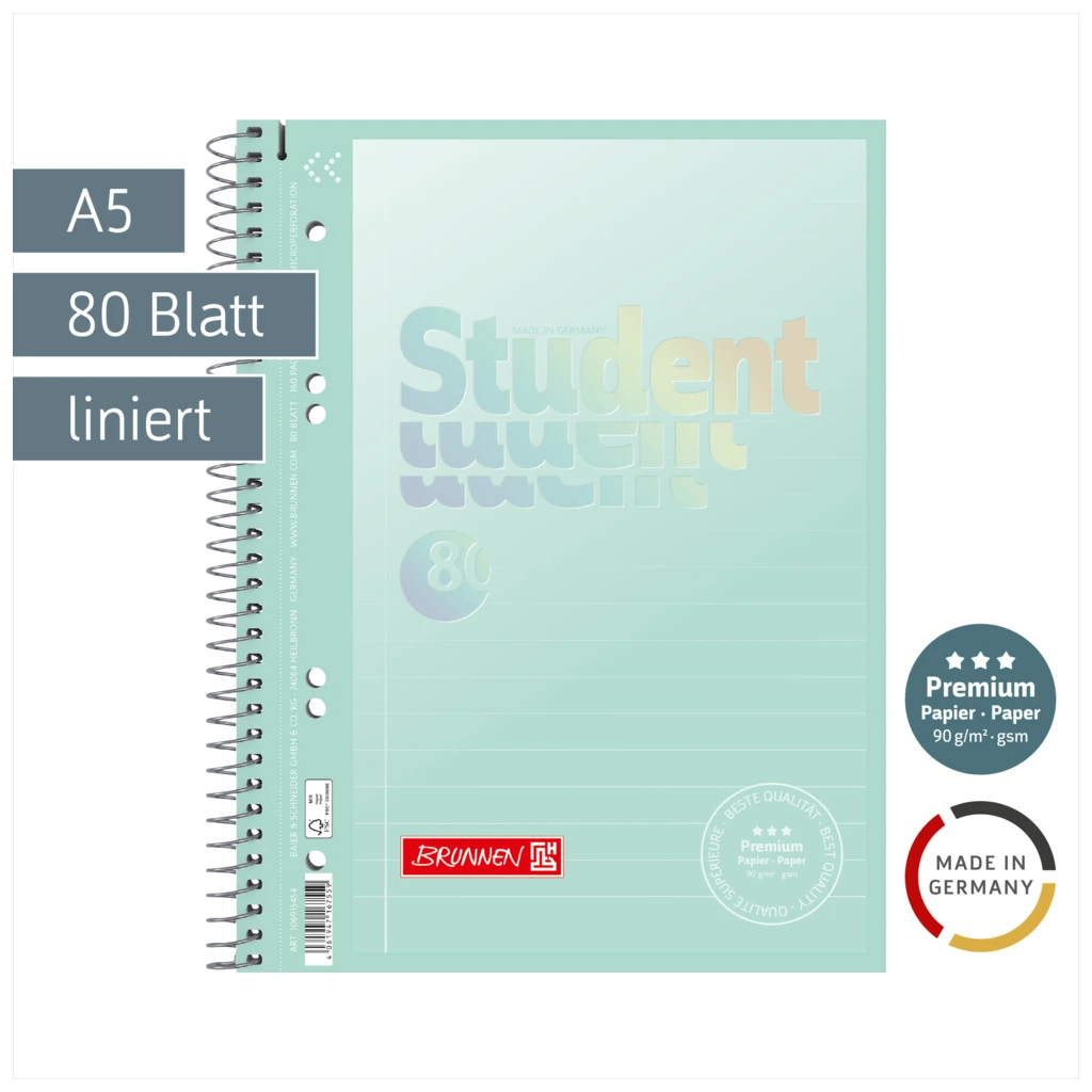 Collegeblock Premium Student „Pastell“ | A5, Lineatur 4, 80 Blatt, pastellmint
